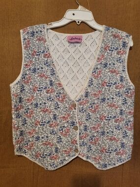 ANDREA FENZI Floral Knit Button Vest in Cream, Blue & Pink